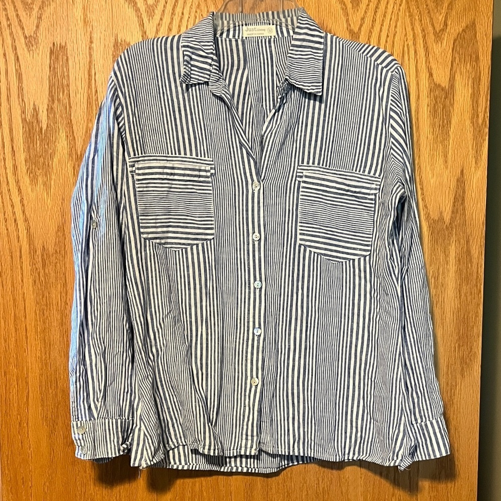 Just Living Navy and White Striped Women's Button Down Shirt